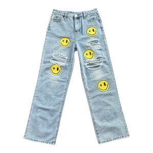 SHEIN Teen Girls 14 Smiley Face Patch Distressed Light Wash Straight Jeans